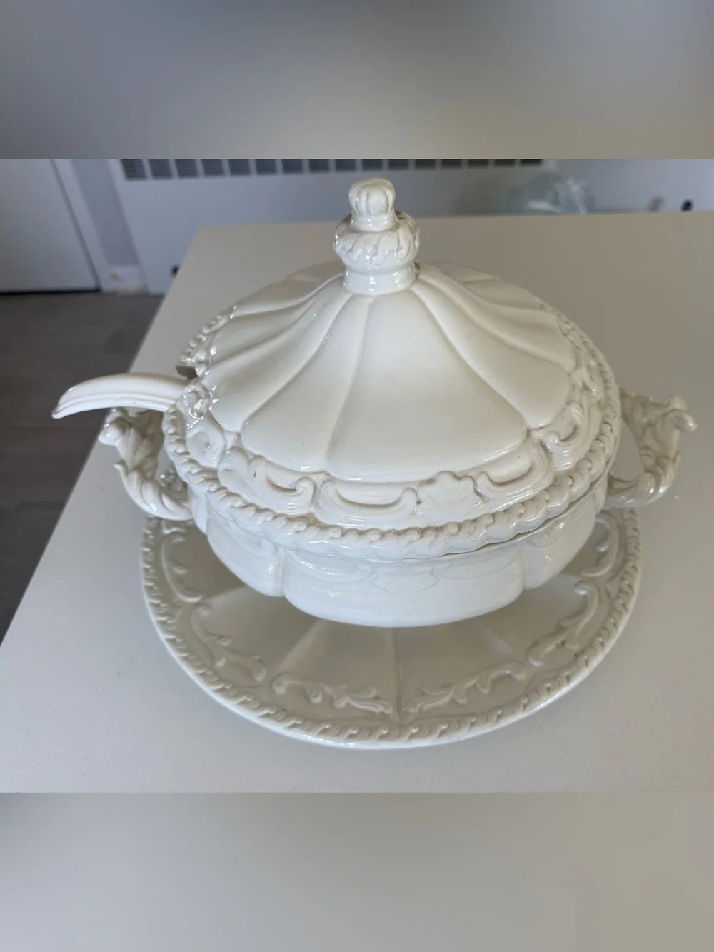 Vintage White Ceramic Covered Soup Tureen with Ladle made in Italy